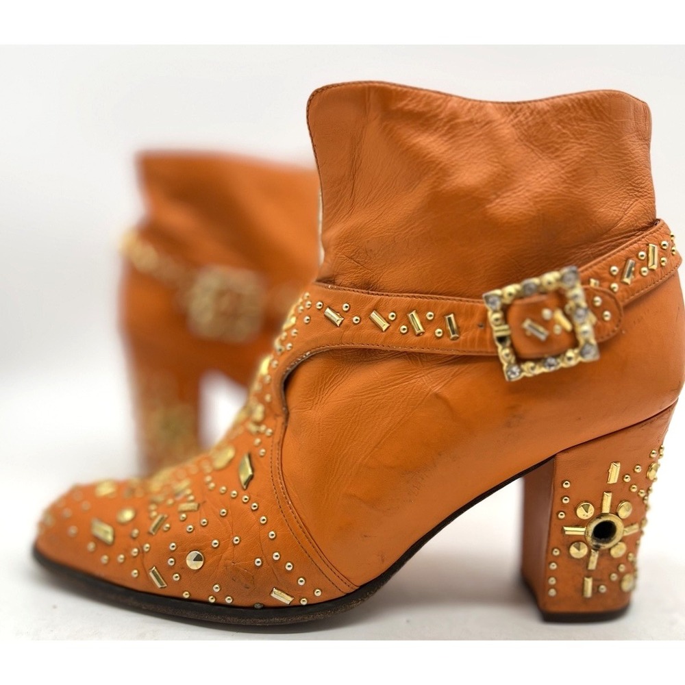Vintage Studded Boots Y2K Womens 9.5 Orange Leather Rhinestone Buckle Fantastic